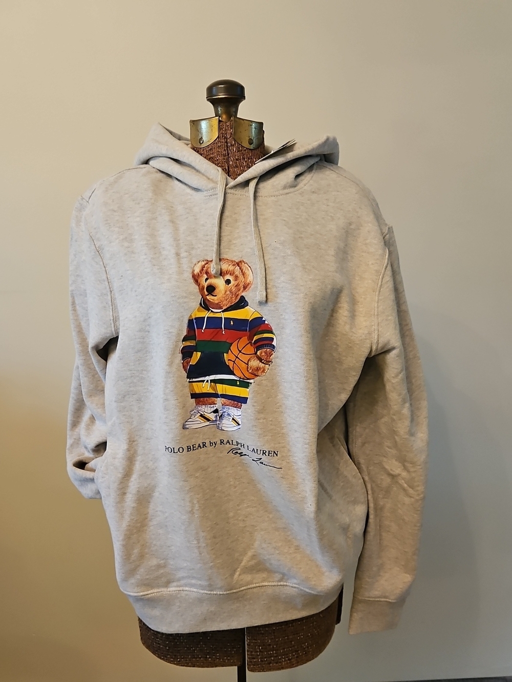 New with Tags Polo Ralph Lauren Basketball Teddy Bear Grey Hoodie Sweatshirt Lg